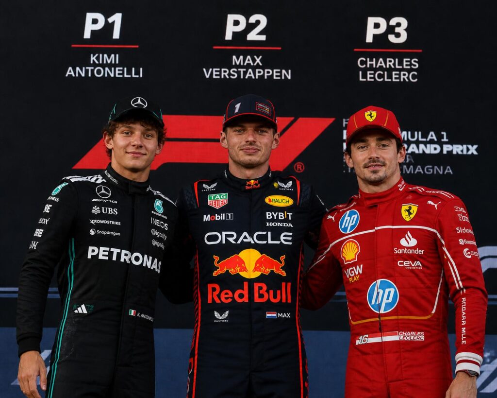 kimi Antonelli on p1 and max Verstappen on p2 and Charles Leclerc on p3